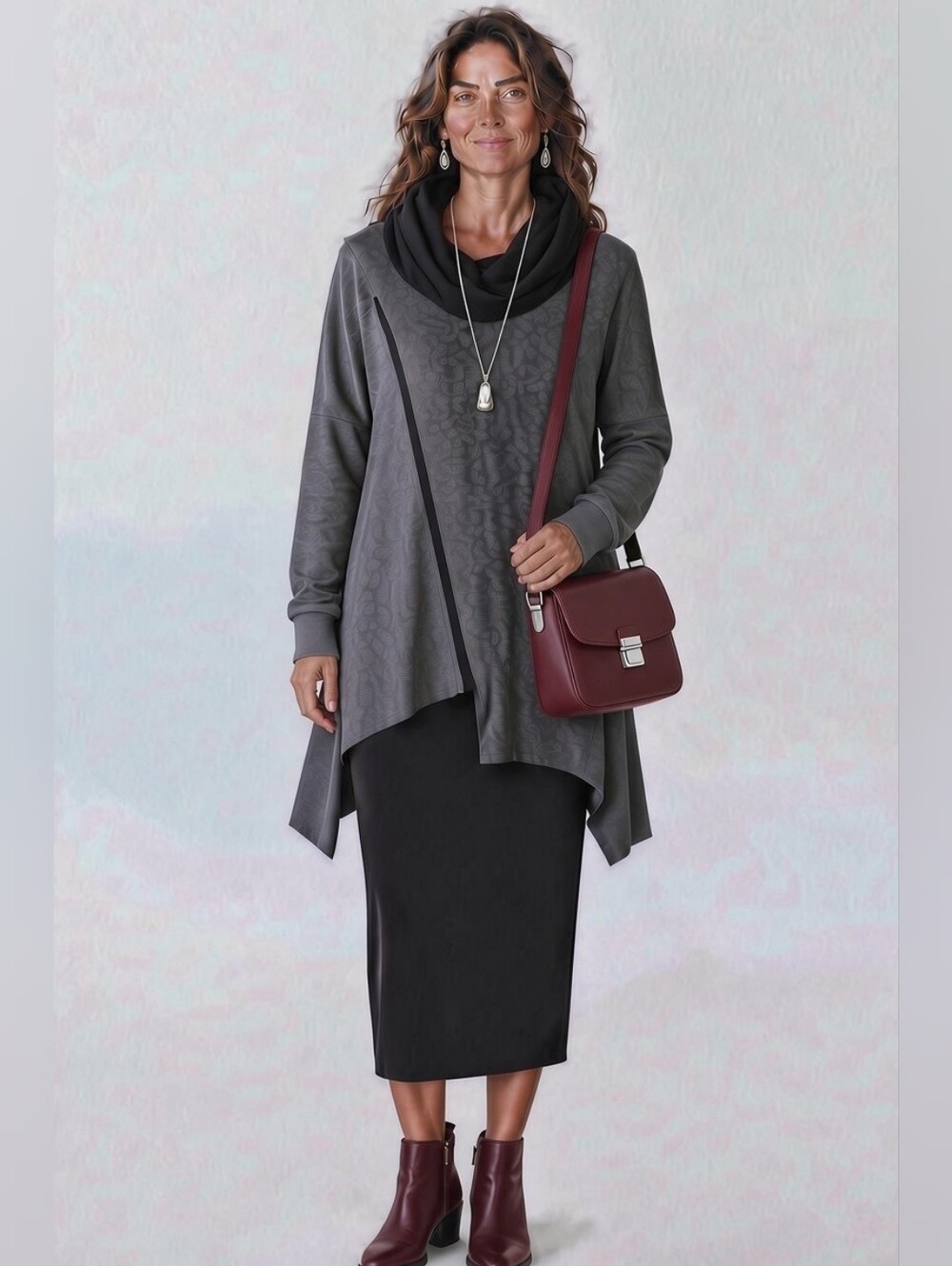 Gray Tunic Top with Black Cowl Neck And Assymetrical Zipper Detail SZ M